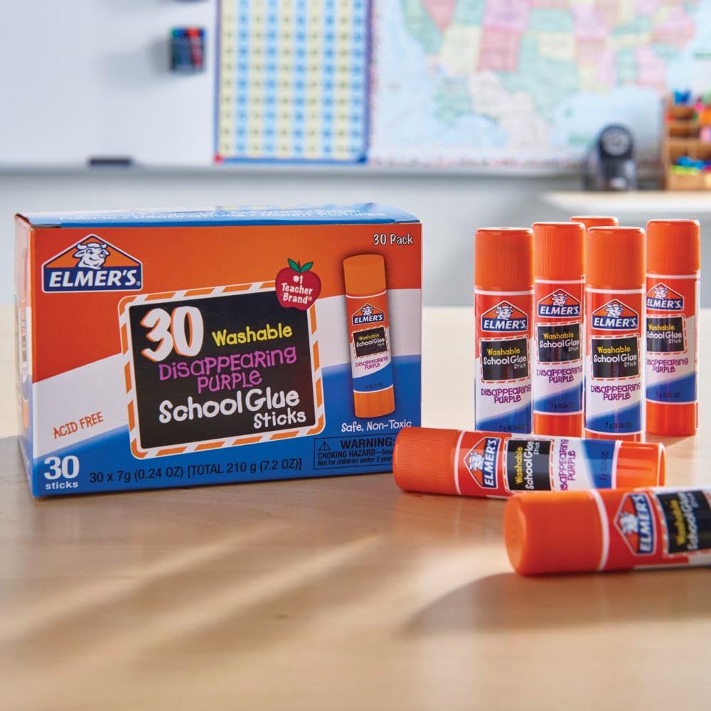 Elmer's Disappearing Purple School Glue Sticks, Washable, 7 Grams, 30 Count - Posters, Back to School, Bulk Pack for Classrooms, #1 Teacher Brand