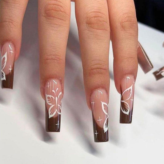 YoYoee Brown French Press on Nails Long Coffin False Nails Bling Fake Nails Full Cover Butterfly Nails Tips for Women and Girls 24PCS