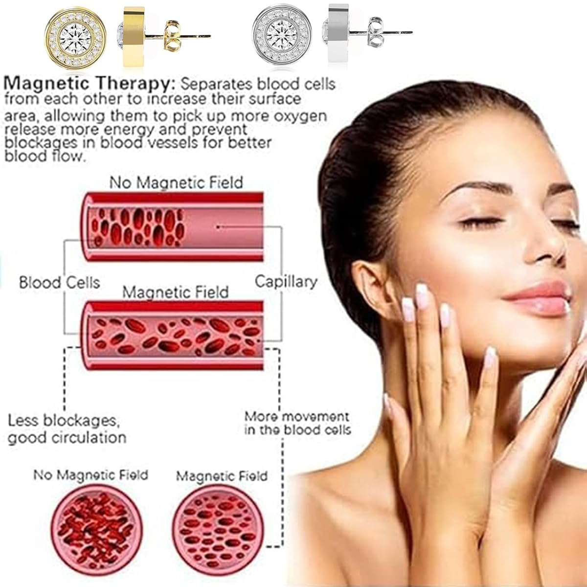Lymphatic Magnetology Earrings For Women, Halolux Lymphvity Germanium Drainage Therapy Infrared Bead Negative Ion Lymph Detox Earring Stud Earrings Round Rhinestone Jewelry Gift (gold&silver)
