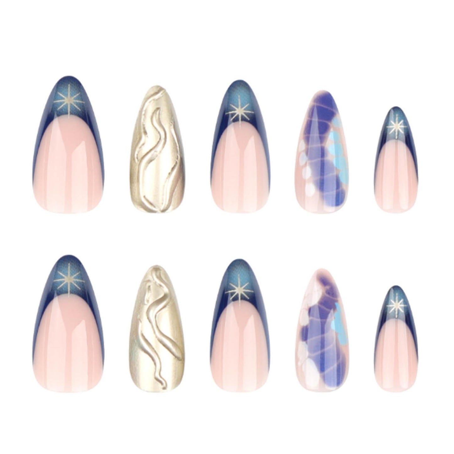 Hkanlre Stiletto Press on Nails Fake Blue Nails Tips Full Cover False French Long Nails for Women and Girls 24PCS