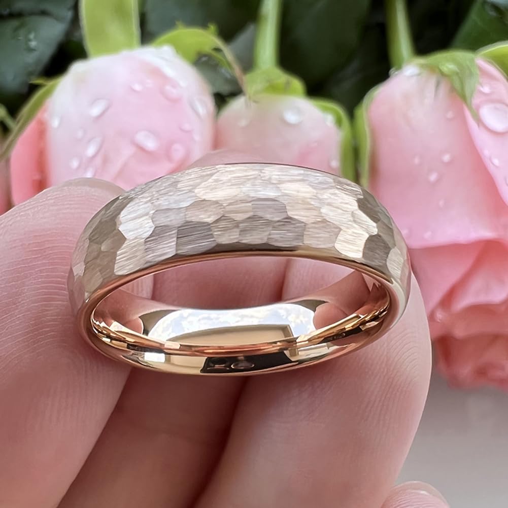 TUTISS 6mm Rose Gold Hammered Tungsten Rings for Men Women Engagement Wedding Bands Domed Matte Finish Comfort Fit Size 5