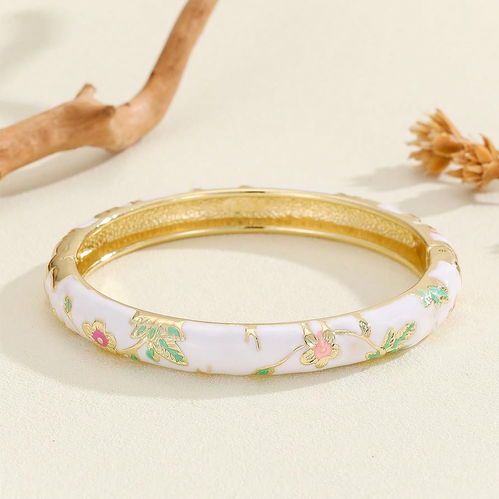 BlingNook Cloisonne Bracelet For Women, Chunky Bangle Trendy Cute Flower Enamel Bangles Multi Tone Engraved Cuff Gold Plated Bracelets Stackable Wife Jewelry Friendship Gift (Dark Green, One Size)