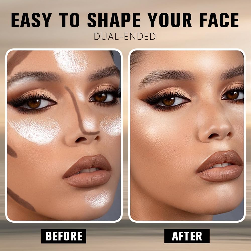 Dual-Ended 2-in-1 Cream Contour & Highlighter Stick – Waterproof, Long-Lasting for Face & Body Makeup, Suitable for All Skin Tones, 05#Nuetral Nude + Silver Shimmer