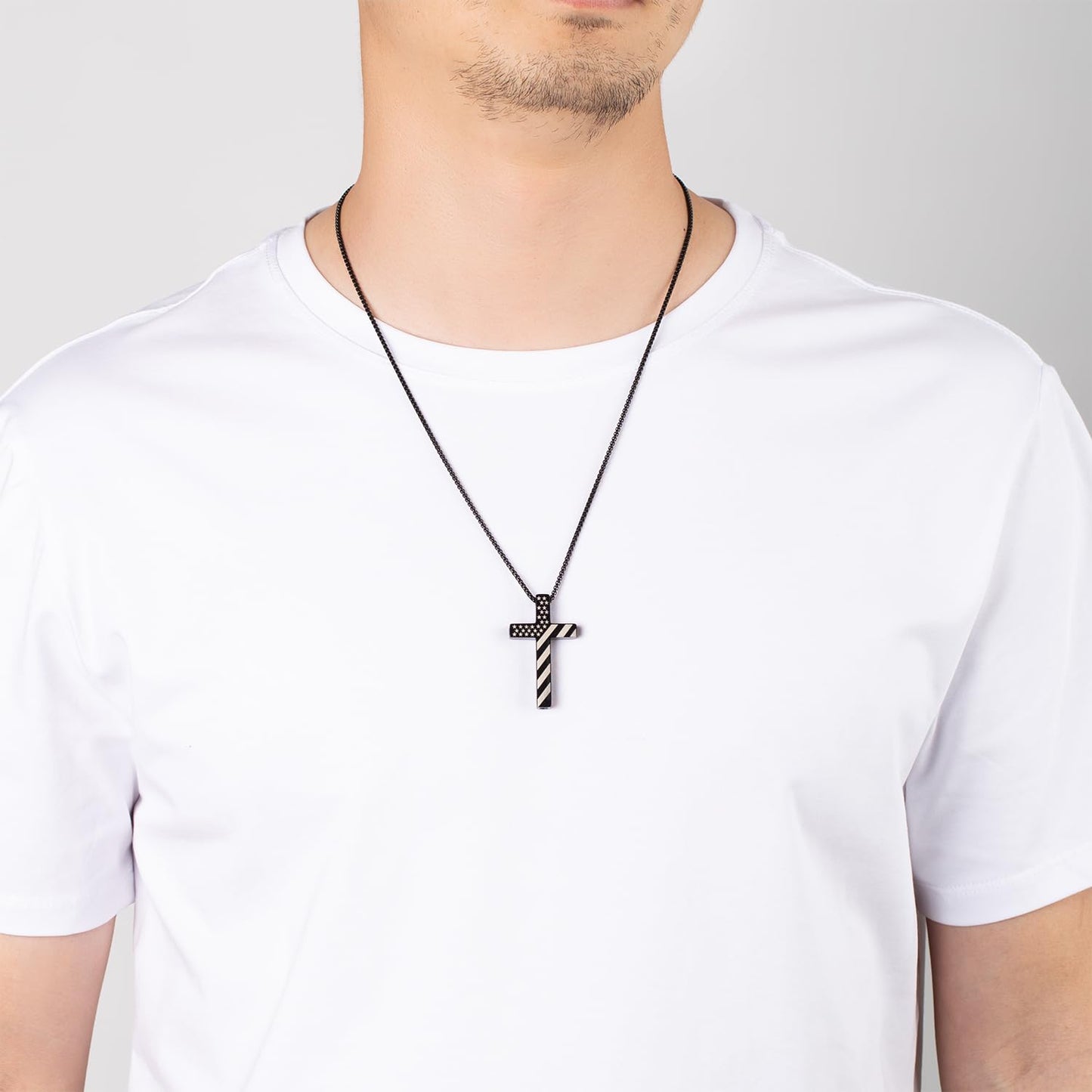 FUNPAR American Flag Cross Breathing Necklace, Stainless Steel Patriotic Jewelry, Inspirational Bible Verse Cross Necklace, Anxiety Relief Items for Men Christian Gift(Black 28:20)