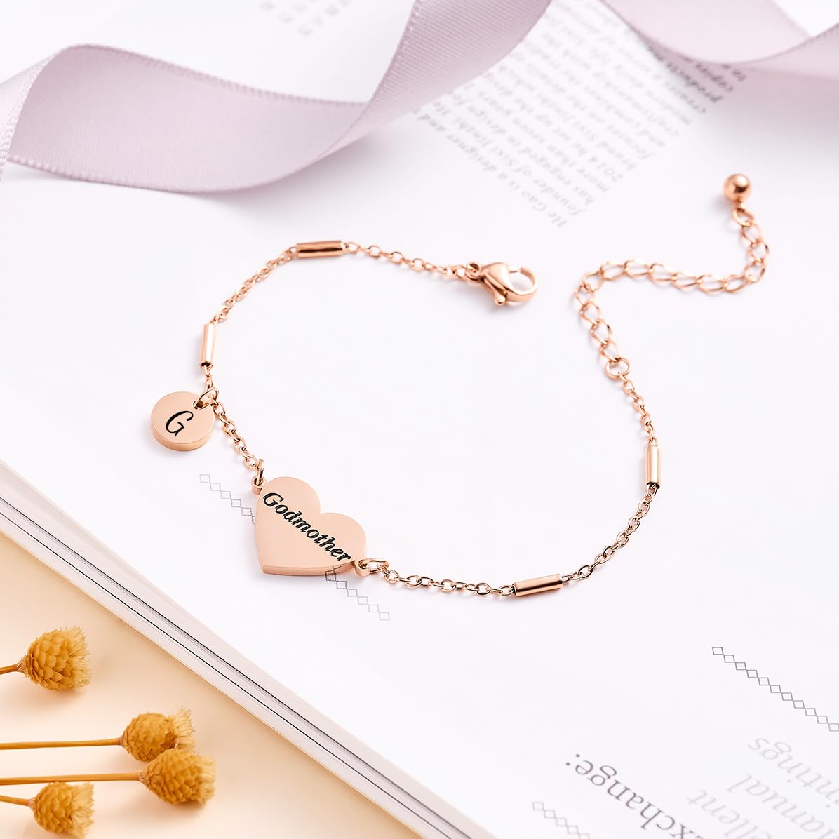 CHENVA Godmother Gifts Initial Bracelet Bangle for Women Gift for Godmother from Goddaughter (Godmother Bracelet-G-Rose Gold)