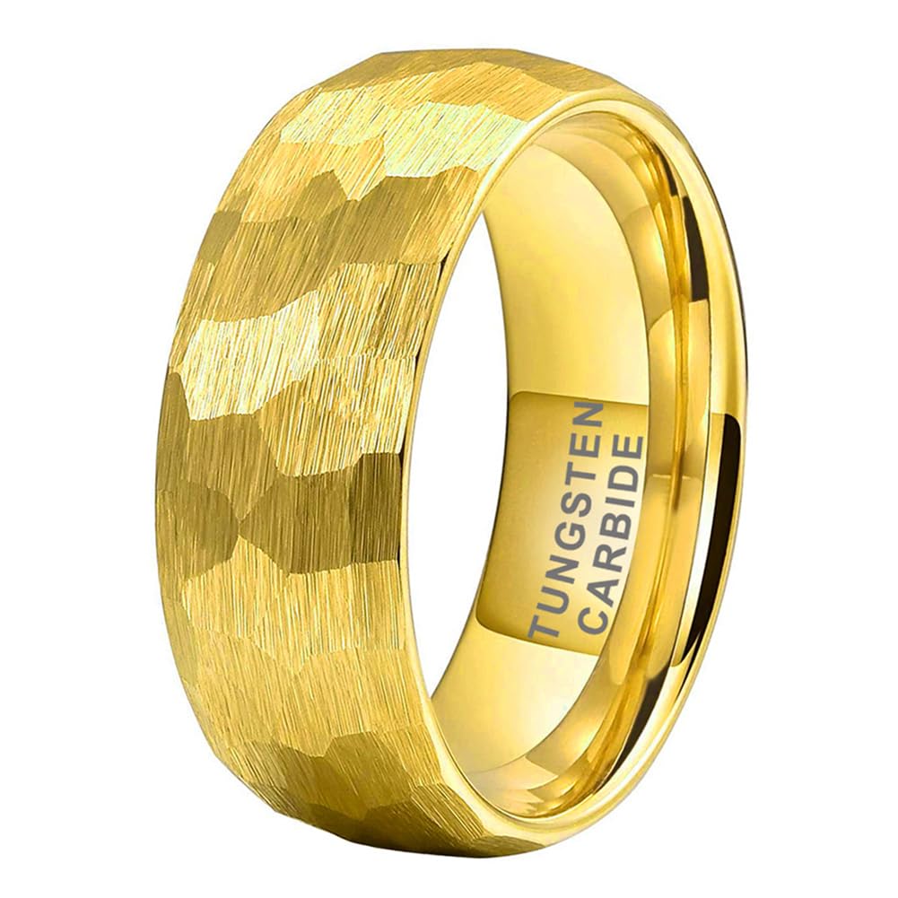 TUTISS 8mm Gold Hammered Tungsten Rings for Men Women Engagement Wedding Bands Domed Matte Finish Comfort Fit Size 14