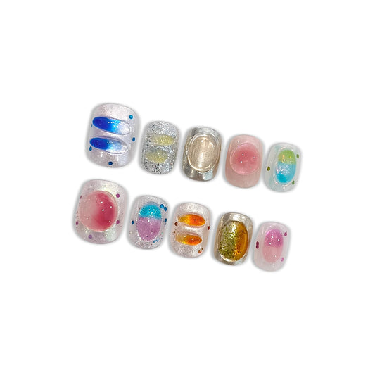 Hantyer Press on Nails, Short Round Fake Nails in Dopamine Colors, 3D Candy Decor & Icy Translucent Glitter, 10 Pcs Handmade Nails Sweet Style for Daily Commute, Party & Holiday Events(Size S)