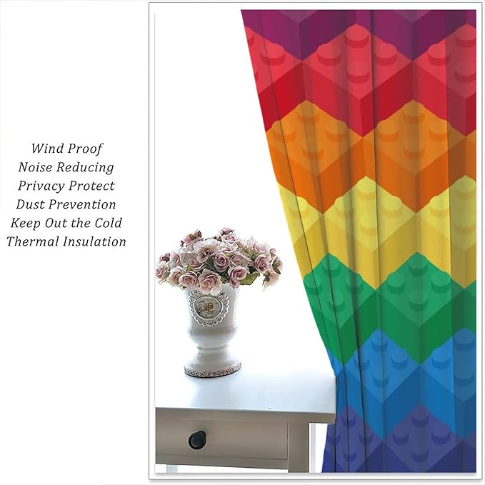 Colorful Building Blocks Cartoon Toy Printed Curtains, Bedroom, Living Room, Architecture, Curtains, Fun Brick 3D Design Curtains, Children's Living Room, Window Treatment Panels 2 Panels 42x63in