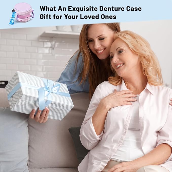 Denture Case with Strainer and Mirror, Leak Proof Denture Bath Cup for Travel, Purple Denture Container Cups for Soaking Full & Partial Dentures, Retainers with Denture Brush, Aligner Removal Tool