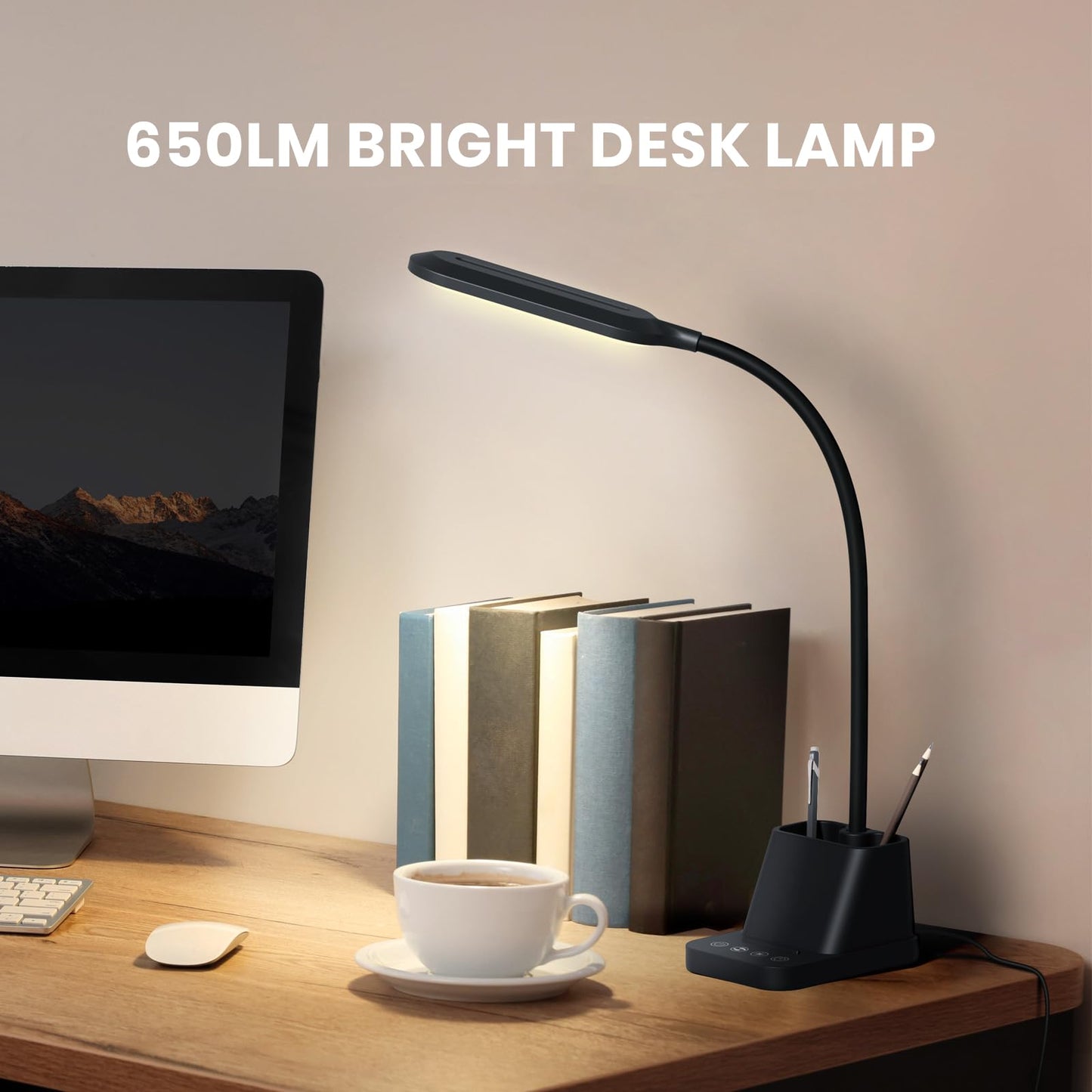 AXX LED Desk Lamp with USB Charging Port, Study Table Light for Home Office Bedrooms, Black, Flexible Gooseneck, Small, 650LM, Pen Holder, Timer Settings, School Essentials for College Dorm Room
