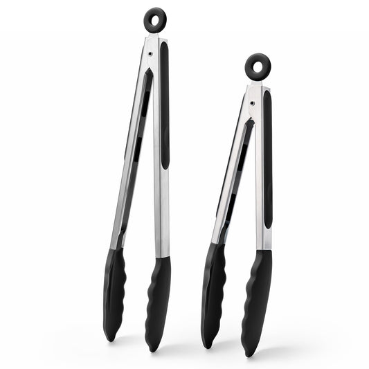 Doosu Kitchen Tongs for Cooking - 600°F Heat Resistant Food Tong Set with Non-Scratch Silicone Tips, Heavy Duty Stainless Steel Locking Tong for BBQ, Grilling Steak, Serving Salad (9+12in, Black)
