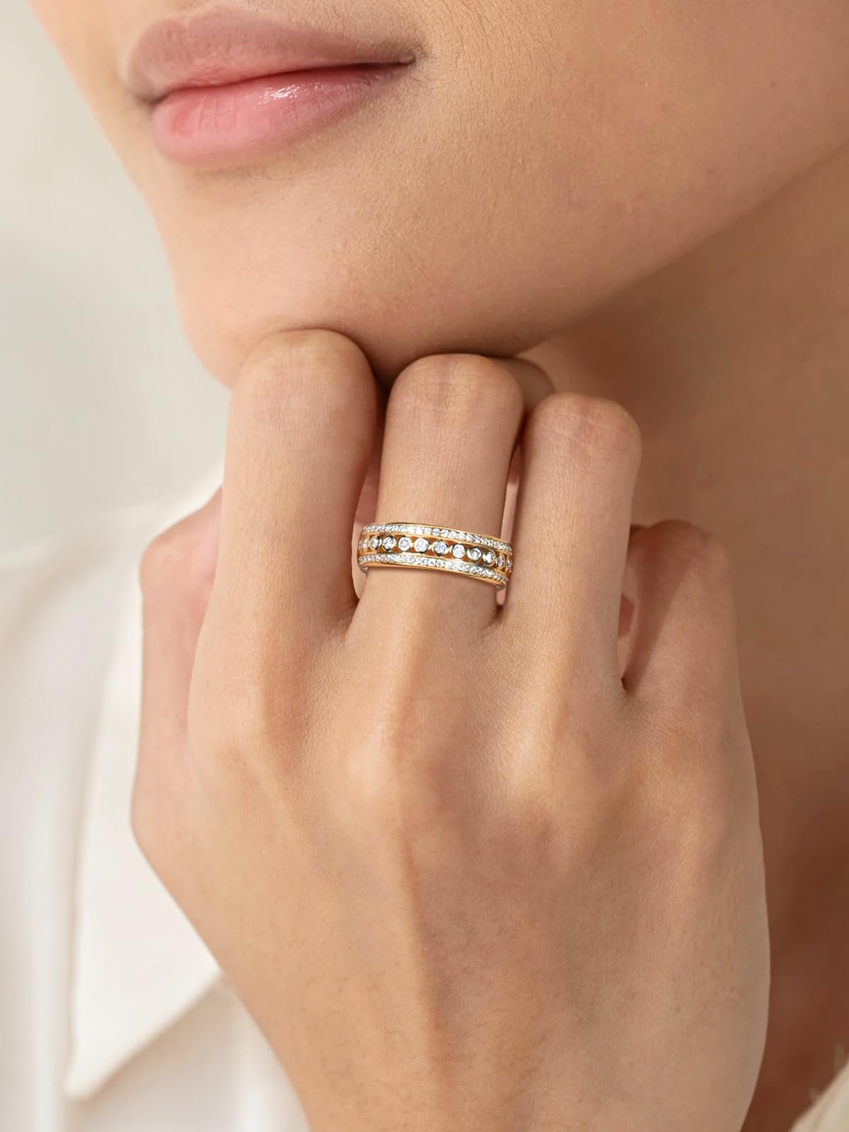 Frbod Women's Moissanite Eternity Rings Chunky 3 Row Diamond Rings Gold Plated Mens Wedding Ring Size 10