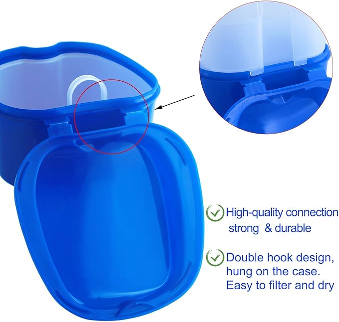 2 Pack Denture Bath Case Dental False Teeth Holder with Brush, Retainer Cleaning Case Denture Bath Cup Storage False Teeth Travel Case with Strainer - Purple and Dark Blue
