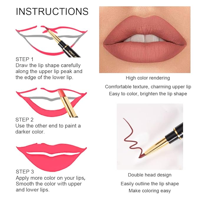 evpct 6 Pcs Lip Liner and Lipstick Set Kit Chestnut Nude Dark Red Matte Matt Mat 24 Hour Lipstick Pen and Lip Kit with Lip Liner Pencil Long Lasting Set for Women labiales mate 24 horas originales