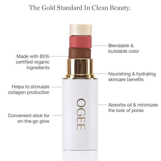 Ogee Sculpted Face Stick (AMETHYST - SOFT CHAMPAGNE SHIMMER) Certified Organic Blush Stick - Multi-Use Cream Blush & Highlighter Stick
