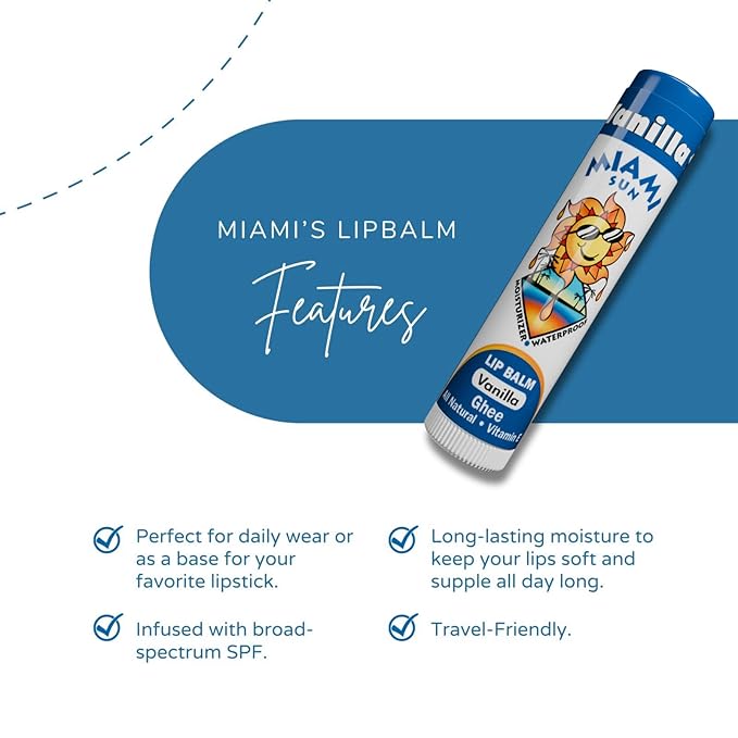 Miami Sun Natural Ghee Lip Balm, Hydrating Lip Treatment with Shea Butter & Beeswax, Organic & Non-Toxic, Best for Dry, Chapped Lips - Moisturizing, Healing, Chemical-Free Lip Care (1 Count, Vanilla)