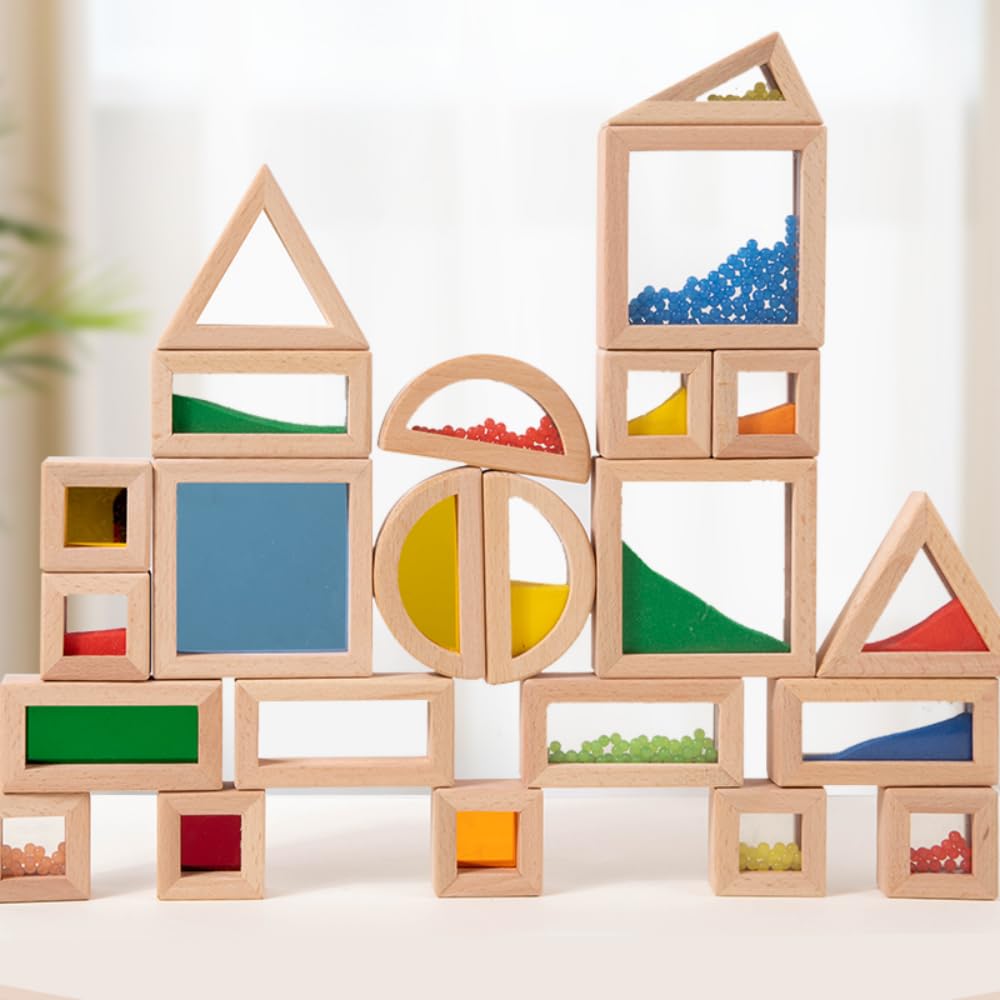 Lexza Rainbow Sensory Toys Blocks,15 Pcs Large Wooden Building Blocks for Toddlers Baby Kids,Colorful Geometric Stacking Toys, Preschool Educational Toy Set