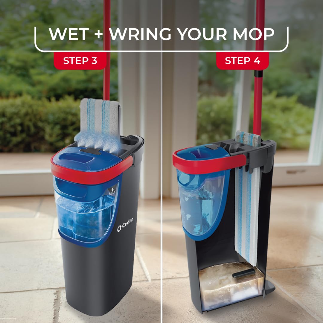 O-Cedar H2prO Flat Mop System | Quick Cleaning Tool | Clean with Water | Machine Washable Reusable Microfiber Mop Pad | Safe on Wood Floors, Vinyl, Tile, Baseboards, Walls