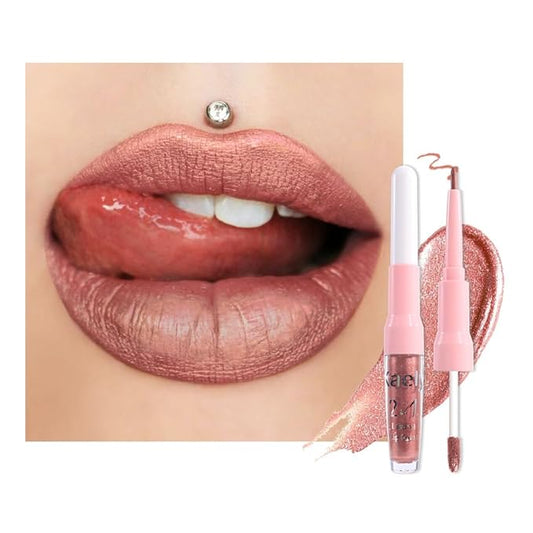 Kaely 2-in-1 Bronze Gold Metallic Lipstick and Lip Liner, Shimmer Liquid Metallic Lipsticks for Women, Glitter Lip Gloss Stain Long Lasting Waterproof Smudge Proof 24 Hour, Vegan Makeup, 14