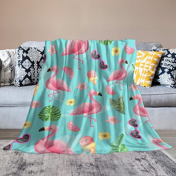 Flamingo Blankets Gifts - 30 x 40 Inches Cute Throw for Girls - Green Soft Fuzzy Plush Flamingo Blankets for Bed