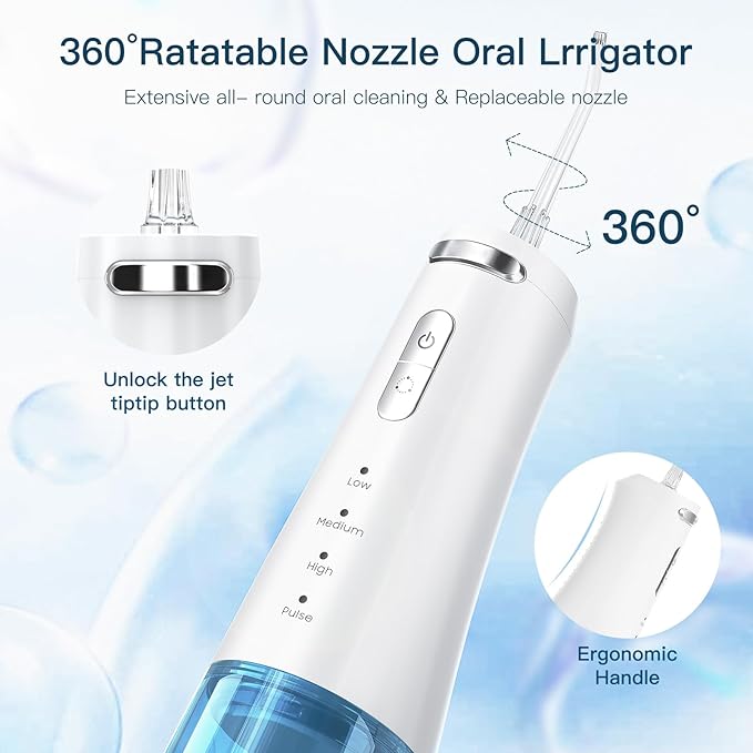 Travel-Ready 300ML Cordless Water Flosser for Teeth – IPX7 Waterproof, 4 Pressure Modes & 2000mAh Battery for Deep Cleaning at Home or On-The-Go (Blue & White)