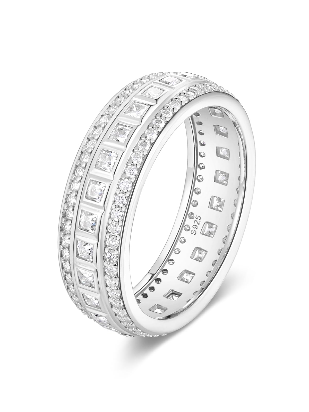 Frbod Moissanite Eternity Ring for Women Princess Cut Diamond Band 3 Row Channel Set Moissanite Rings Size 5