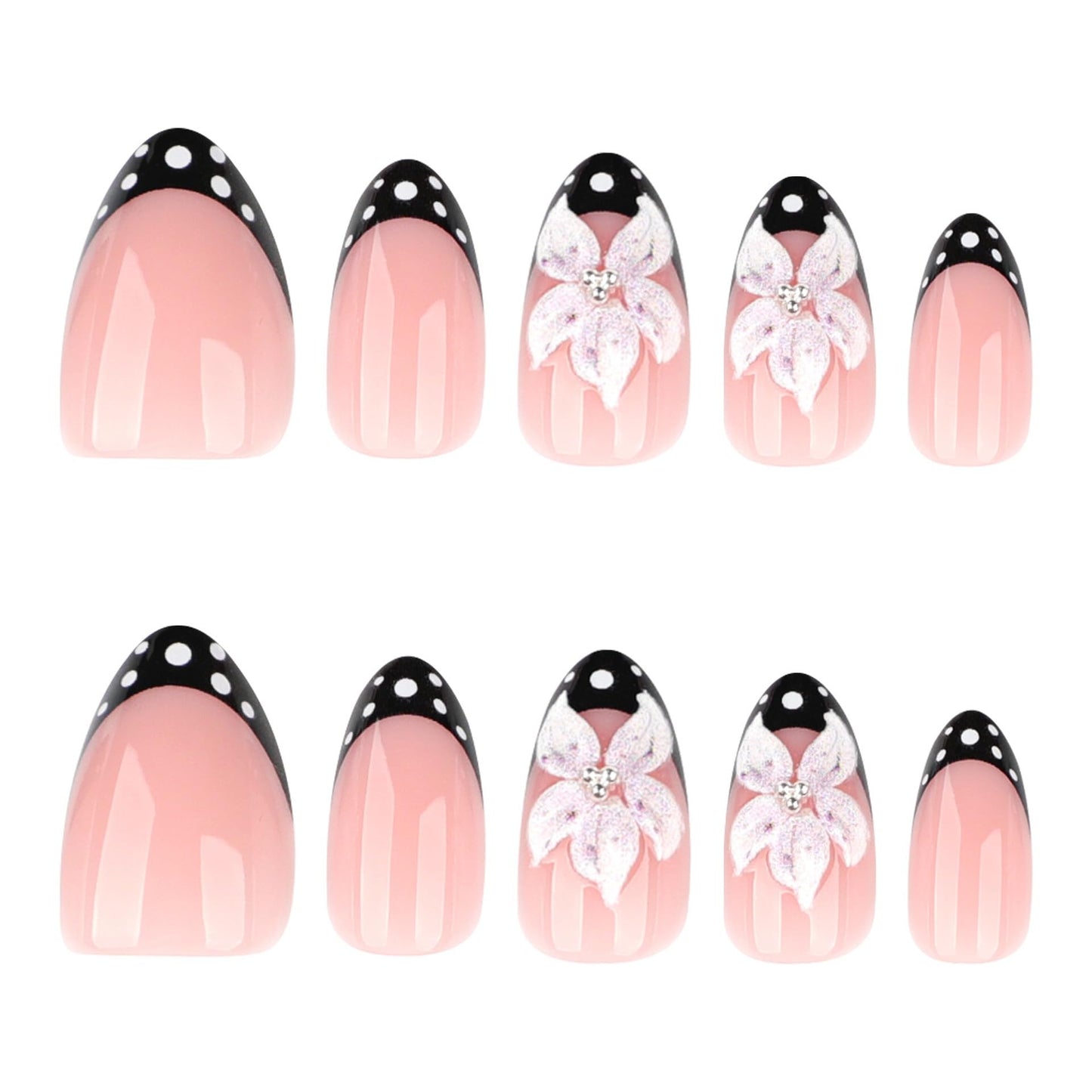 CTTHNBD Short Press on Nails Almond - Black French Tip Fake Nails with Flower Design - Spot Stick on False Nails - for Women 24 Pcs