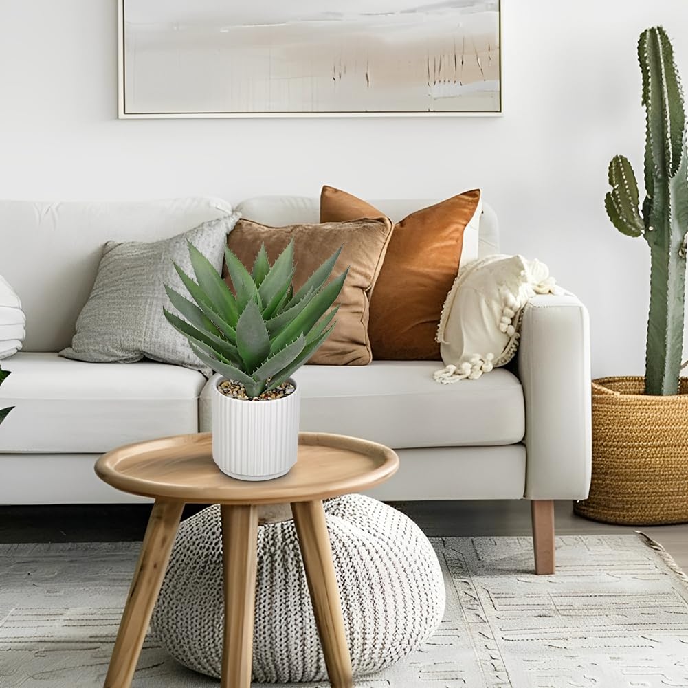 Hollyone Large Artificial Agave Plants 11.8“ Fake Succulents Potted Faux Aloe Vera Plant in White Pot Succulent Agave Plants for Desk Modern Office Living Room Table Shelf Home Indoor Outdoor Decor