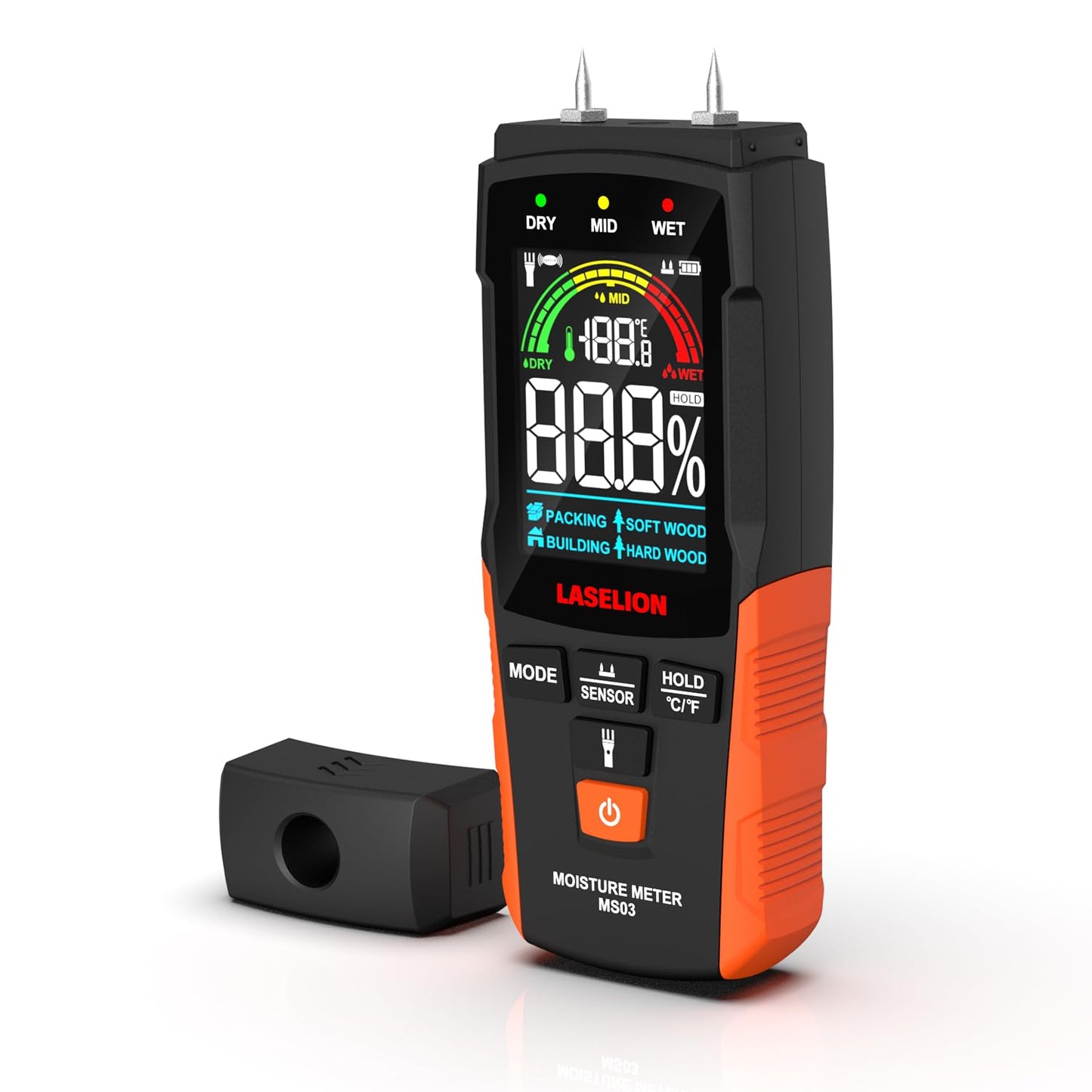 LASELION 2-in-1 Pin & Pinless Moisture Meter MS03 – Accurate Moisture Detection for Wood, Concrete, Drywall, and More – LCD Display with Hold Function, Flashlight, and Auto Power Off