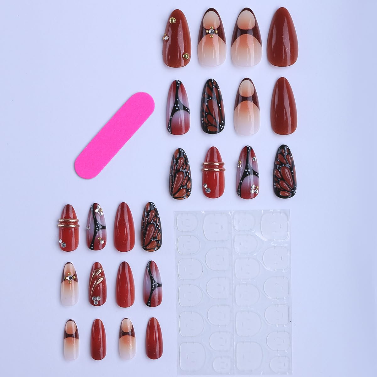 Medium Almond Press on Nails - 3D Charms Fake Nails with Black Red Butterfly Designs False Nails French Tip Glue on Nails Reusable Full Cover Stick on Nails for Women Manicure 24Pcs