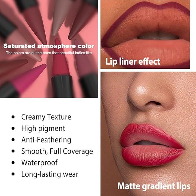 Plum Red Gradient Matte Lipstick Crayon Lip Liner pencil,Crayon Form and Cone Tip 2-in-1 Lip Liner and Lipstick Lip Combo Set Achieve Flawless Contour Gradual Ombre Effect lip Pencil for Old Women