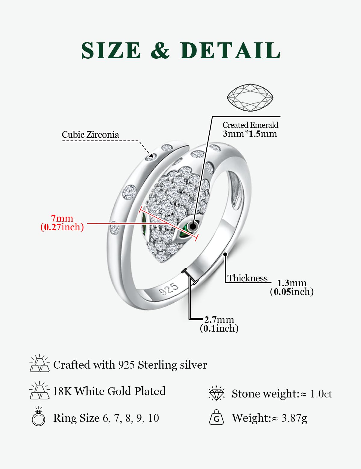 RANDES 925 Sterling Silver Snake Ring for Women White Gold Plated Fashion Punk Rings Adjustable Open Emerald CZ Animal Snake Finger Ring Size 8