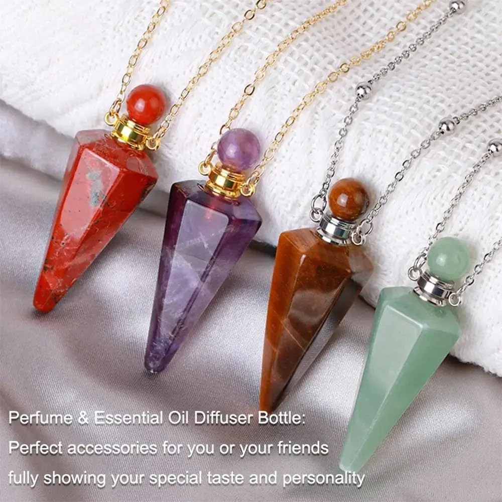 925 Sterling Silver Essential Oil Necklace For Women And Men, Natural Crystal Stone Cone Shape Pendant Necklace Healing Perfume Bottle Necklace Essential Oil Pendant Necklace (3 - Essential Oil Necklace)