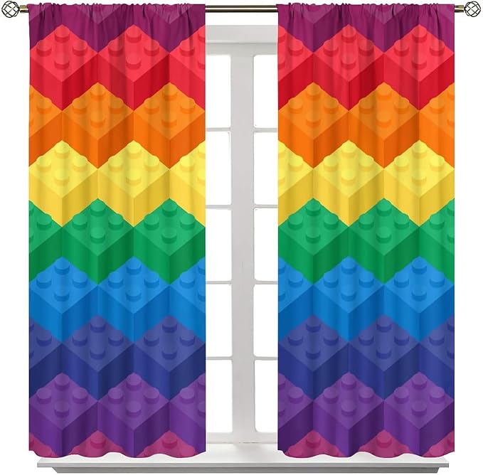 Colorful Building Blocks Cartoon Toy Printed Curtains, Bedroom, Living Room, Architecture, Curtains, Fun Brick 3D Design Curtains, Children's Living Room, Window Treatment Panels 2 Panels 52x84in