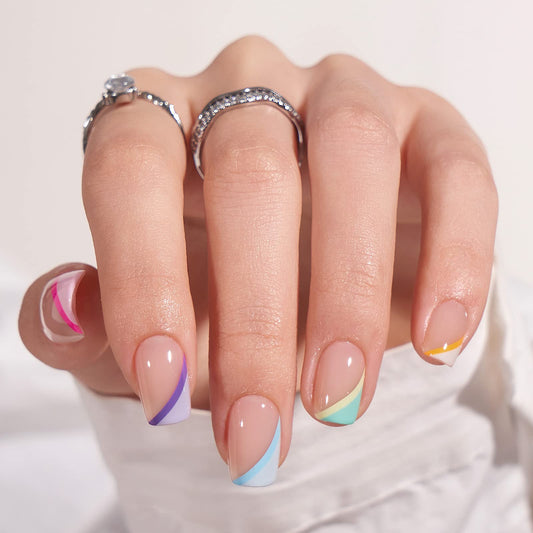 BTArtbox Short Press On Nails - Soft Gel French Tip Press On Nails, Supremely Fit & Natural Square Glue On Nails with Nail Glue, Reusable Stick On Nails in 15 Sizes, Pastel Curves