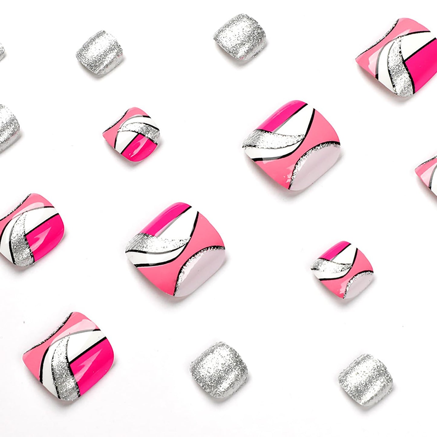 Artificial Acrylic Fake Nails for Toe, Press on Toenails Coffin with Silver Glitter Designs, Full Cover Reusable False Toenails with Glue, Glue on Toe nails with Charm for Women Girls（JP1632）