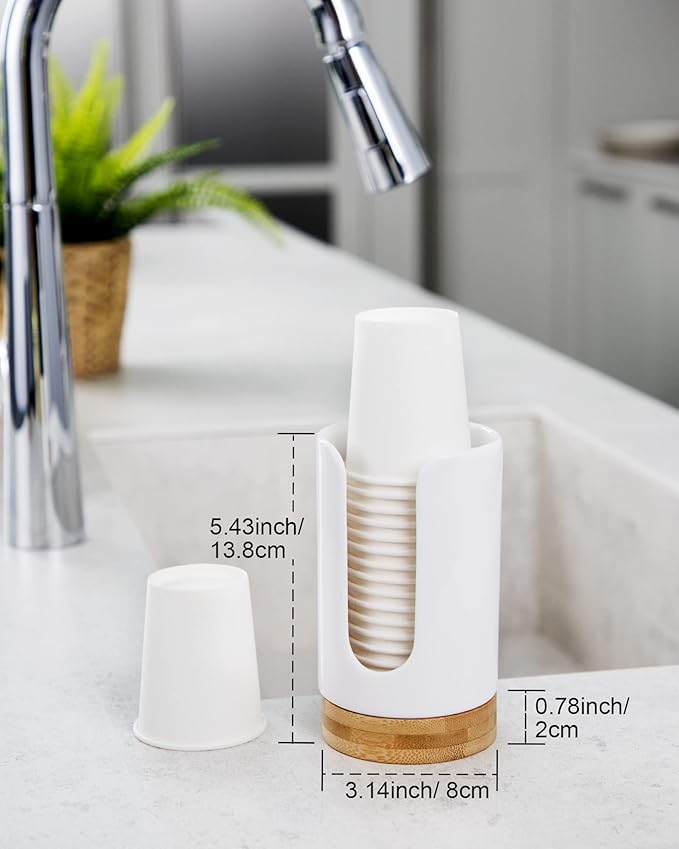 Ceramic Bathroom Cups Dispenser - 3-5 oz Disposable Paper & Plastic Bathroom Cups Holder - Mouthwash Cups Dispenser for Bathroom, Guest Toiletries, Countertop, Coffee - BPA Free (White)