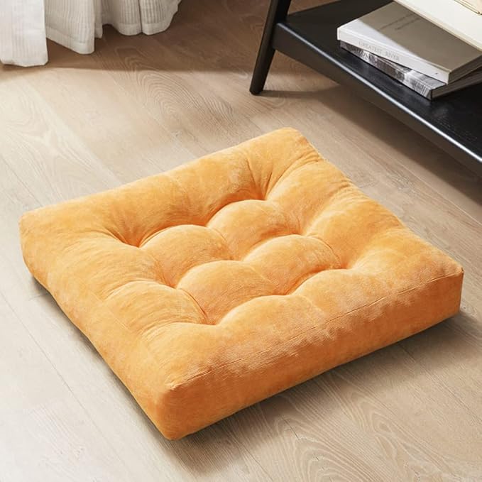 Degrees of Comfort Meditation Floor Pillow, Square Large Pillows Seating for Adults, Tufted Corduroy Cushion for Living Room Tatami, Orange Yellow 22x22 Inch