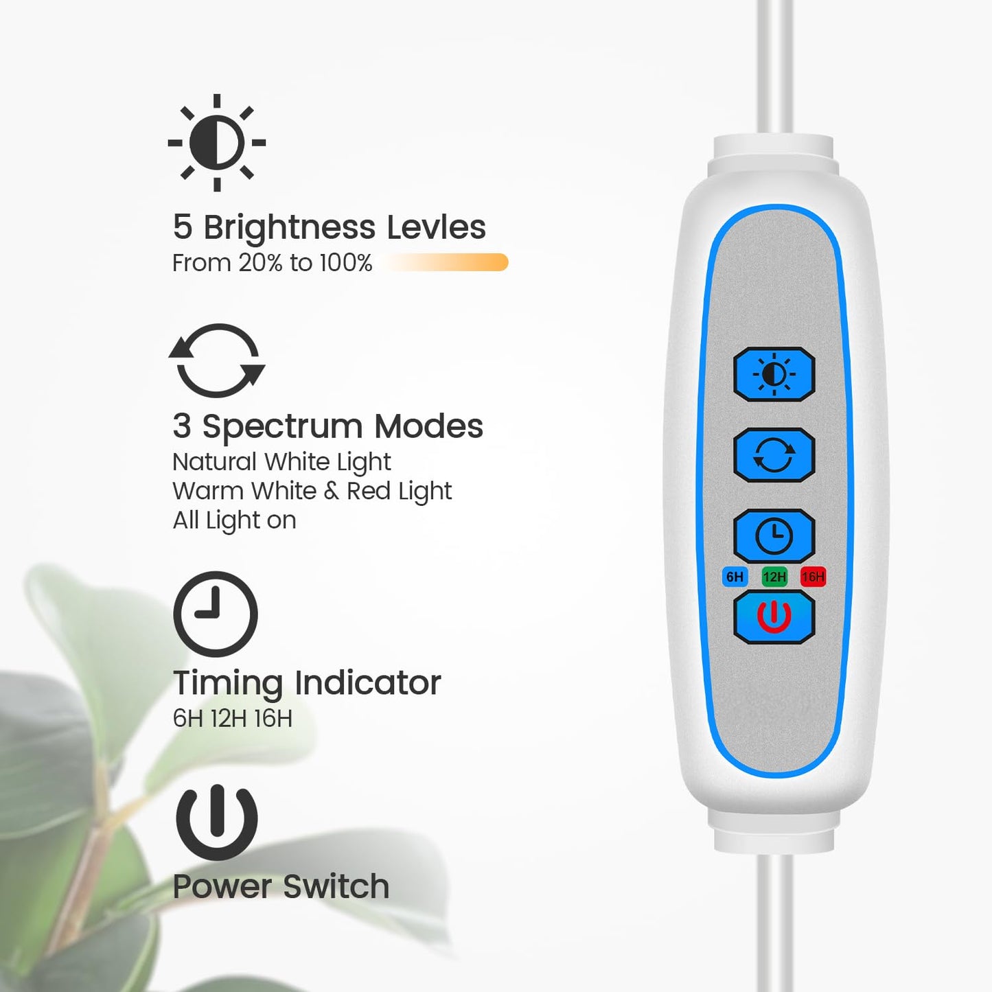 Garpsen Grow Light, Full Spectrum LED Plant Lights with Stand, 3 Color Modes Floor Grow Lamp with Timer 6/12/16H, 5 Dimmable Levels, 67'' Adjustable Height for Indoor Large Plants(White)