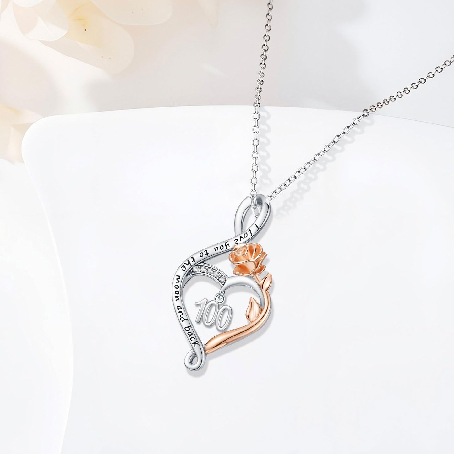 KoyeKei 100th Birthday Gifts for Women 100 Year Old Necklace 925 Sterling Silver Rose Flower Heart Infinity Pendant Jewelry Birthday Mothers Day Gift for Nana Granddaughter