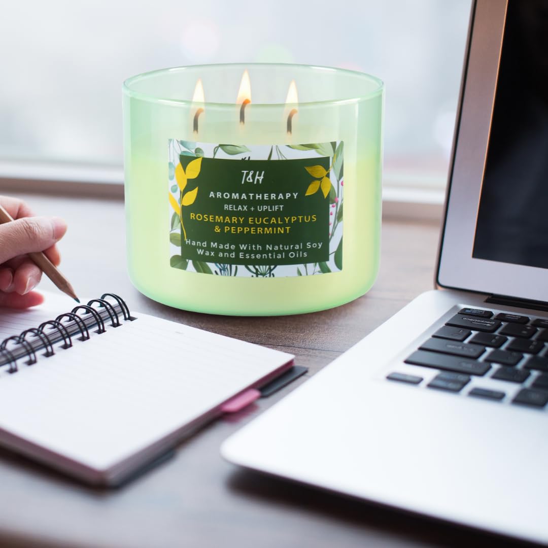 Rosemary Eucalyptus Peppermint Candle | Highly Scented Large 3 Wick Soy Candle 15.8 oz | Uplifting Eucalyptus Mint Scented Candles for Home | Aromatherapy Stress Relief Spa Candles for Men & Women