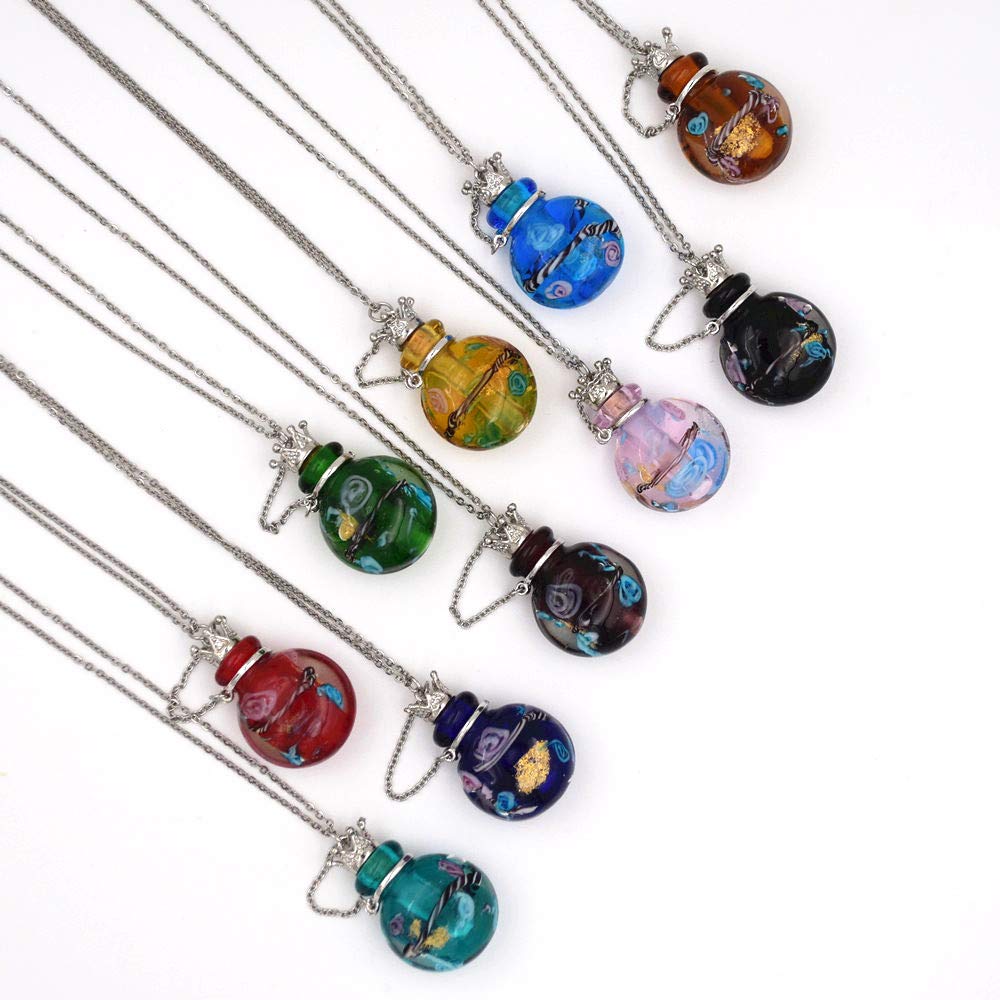 Stainless Steel Colored Glass Pendant Necklace Diffuser Perfume Pendant Aromatherapy Charms (Win red)