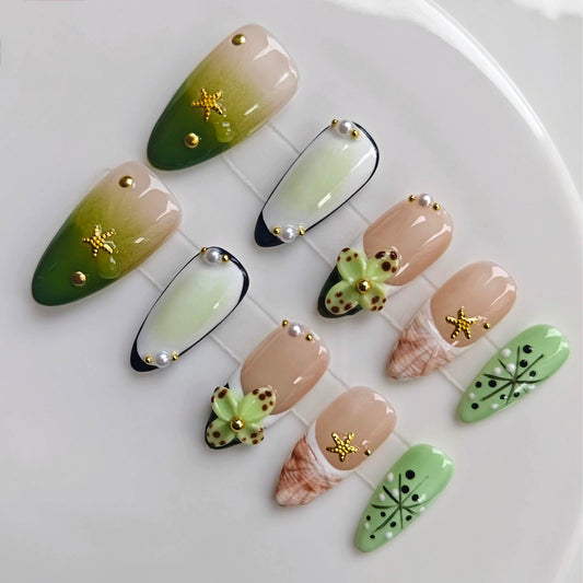 Gleamrain Almond Medium Handmade Press on Nails for Women, Handcrafted Floral Design Green Reusable Full Cover Fake Nail for Daily Wear Summer Vacation Use Set D304