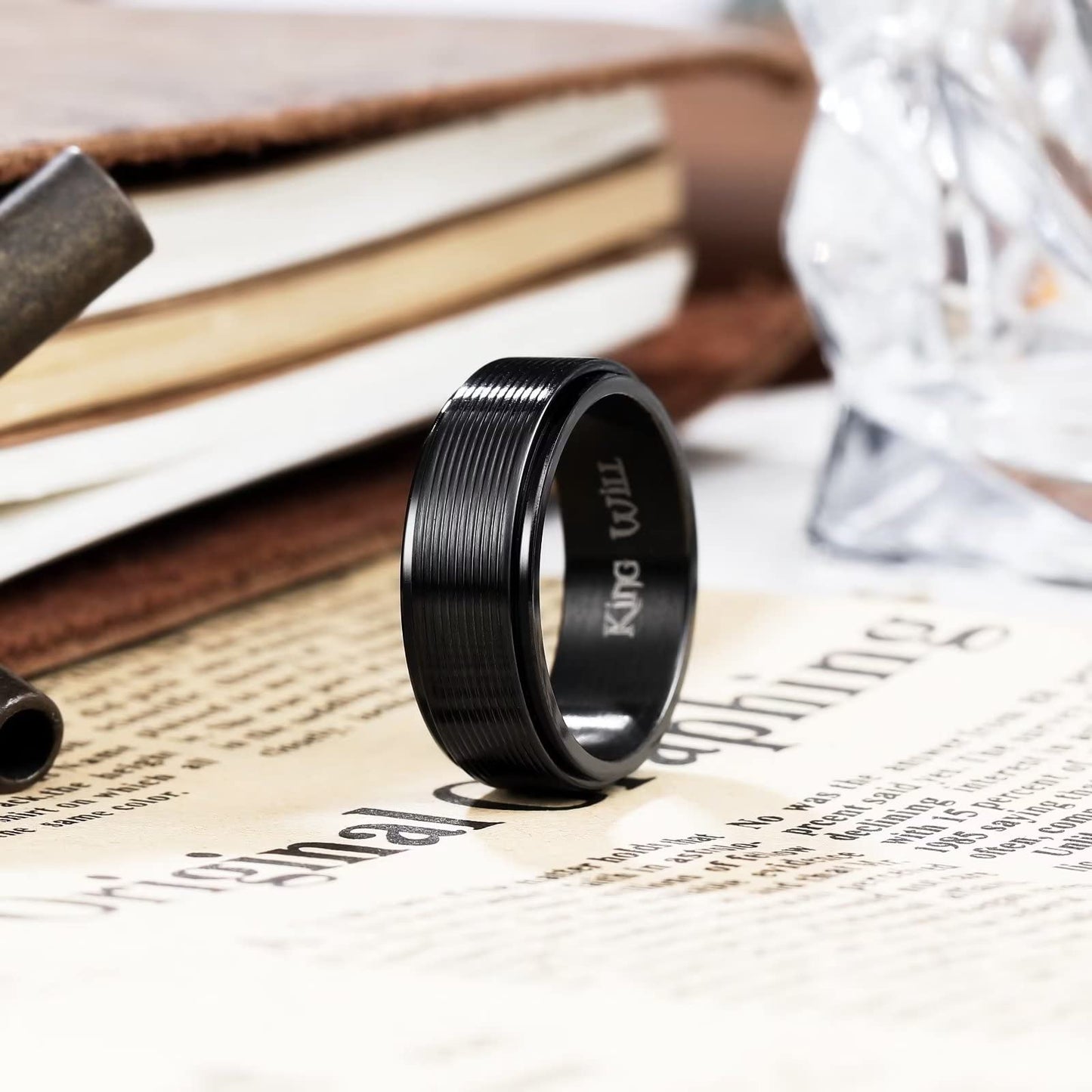 King Will Black Line Groove Mens Women 8mm Spinner Rings Stainless Steel Anxiety Fidget Ring for Women Men Polish Groove Wedding Band Fidget Ring Matte Brushed Comfort Fit 13