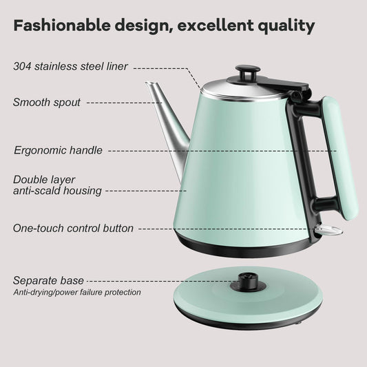 Small Electric Kettle 0.9L, 304 Stainless Steel Inner, 1000W Fast Boiling in 4-6 Mins, Vintage Compact Design with One Key Operation, Auto Shut Off, Dry Boil Protection, for Home, Office, Coffee Etc.