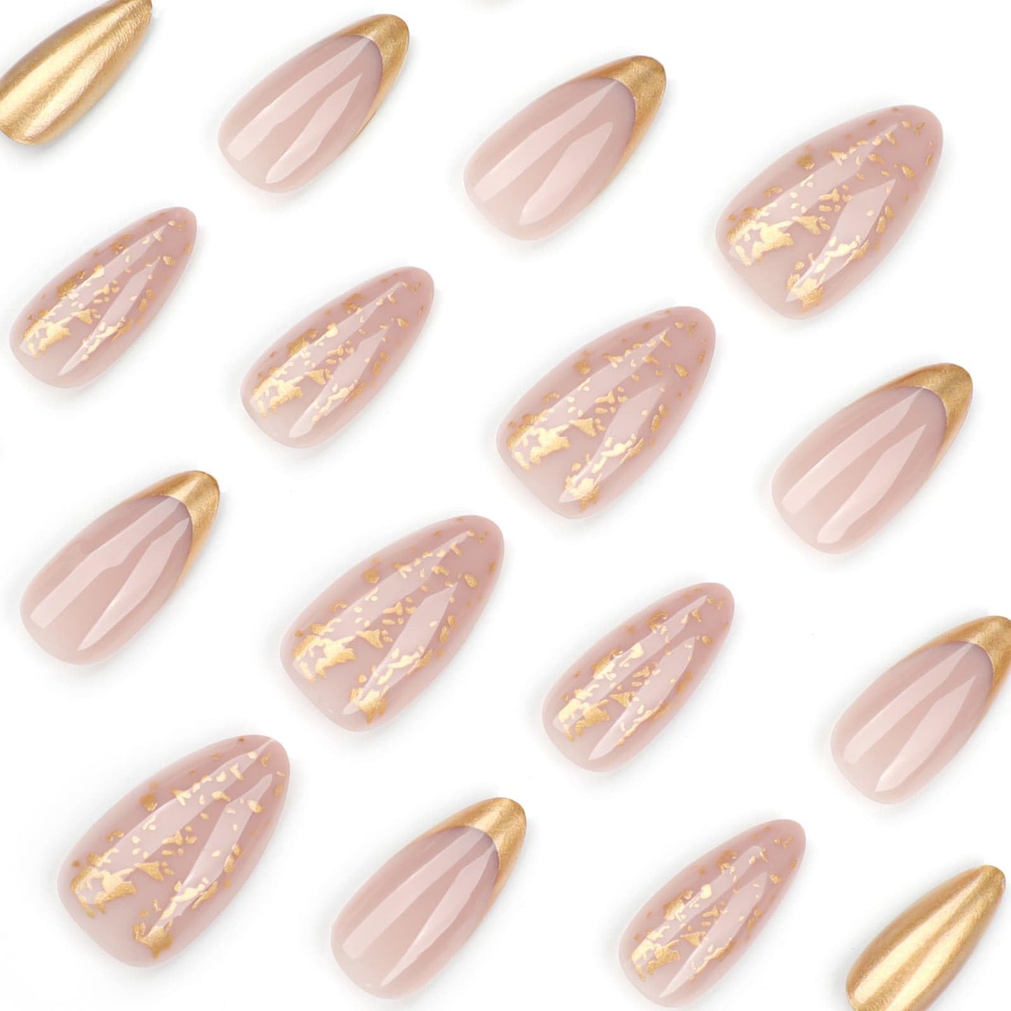 Medium Almond Press on Nails Gold French Tip Fake Nails Nude with Gold Foil Design Glossy Acrylic Glue on Nails Reusable Artificial Nail Full Cover Sticker on Nails for Women 24 Pcs