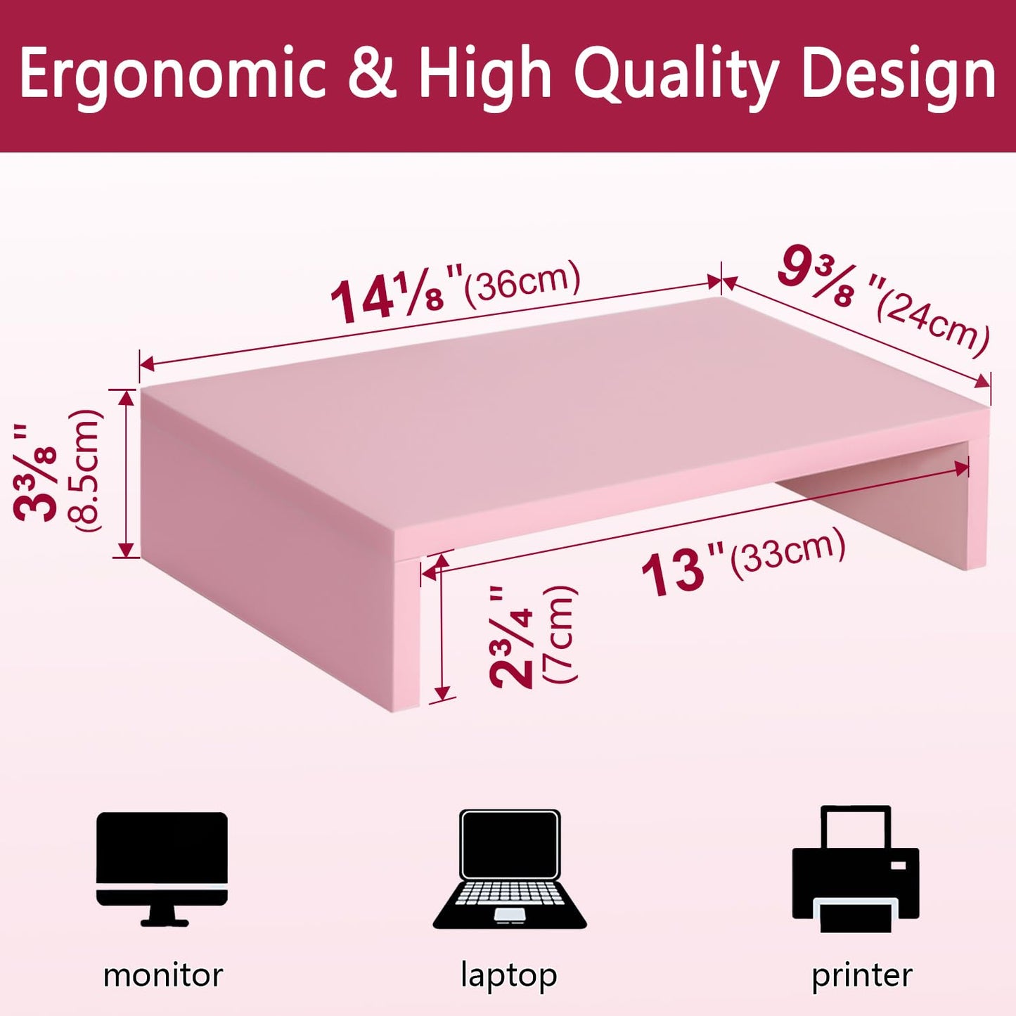 TEAMIX Pink Monitor Stand Riser, Wood Monitor Riser with Storage for Desk Small Monitor Stand TV/Screen/PC/Laptop Riser Computer Stand Desktop Shelf (Pink-14.2 inch)