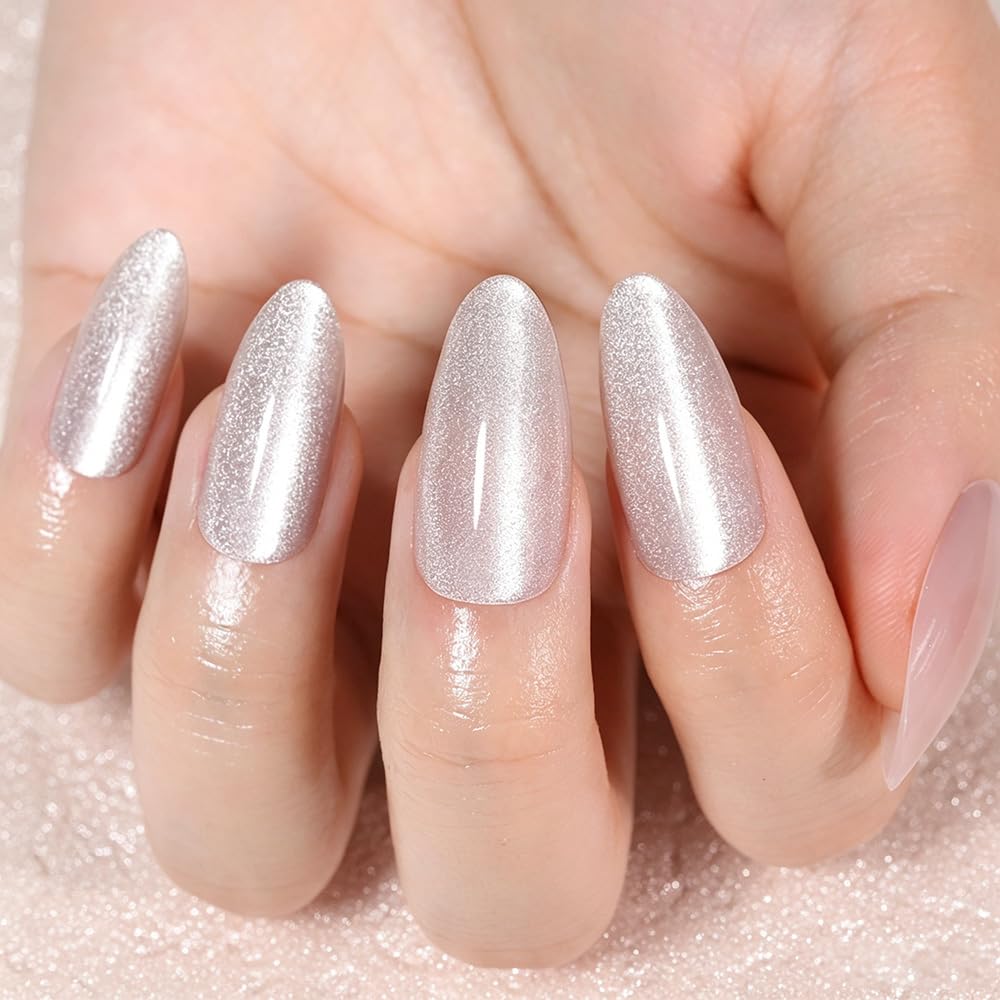 XZMeiLun Cat Eye Crystal Press On Nails Almond Medium, Magnetic Acrylic Fake Nails Stylish Design, Salon-Quality Shiny Finish, Reusable Stick On Nails Kit for Women, Daily Wear (No Glue Included)