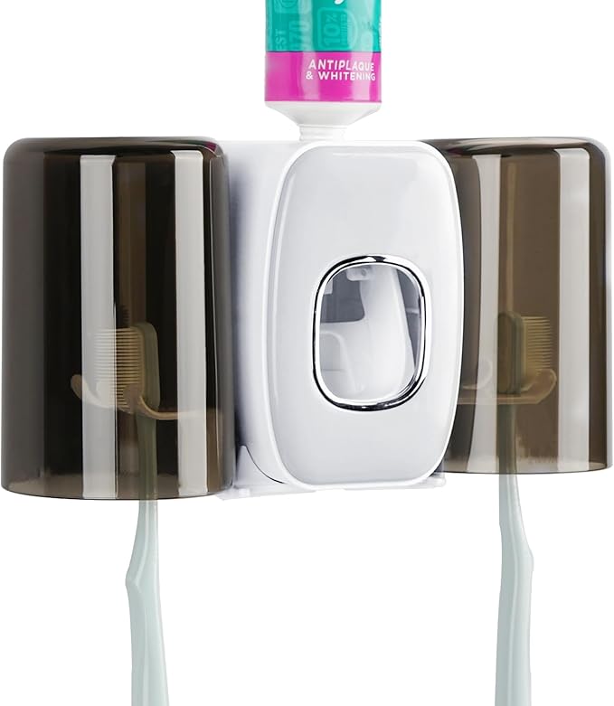 4 Slots Wall Mount Toothbrush Holder with Cover, Self Adhesive Toothbrush Storage Organizer for Shower, Toothbrush Hanger with 2 mouthwash Cups for Bathroom, Medicine Cabinet, Dorm (White)