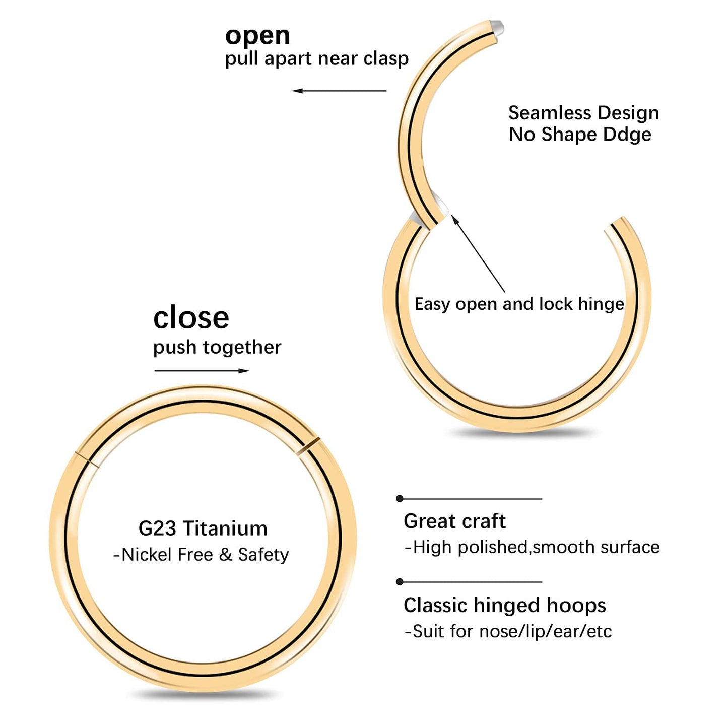 BOGKU 6pcs G23 Titanium Hinged Nose Rings Hoop 20 Gauge 9mm Nose Septum Clicker Segment Rings Cartilage Conch Tragus Helix Rook Hoop Earring Body Piercing Jewelry